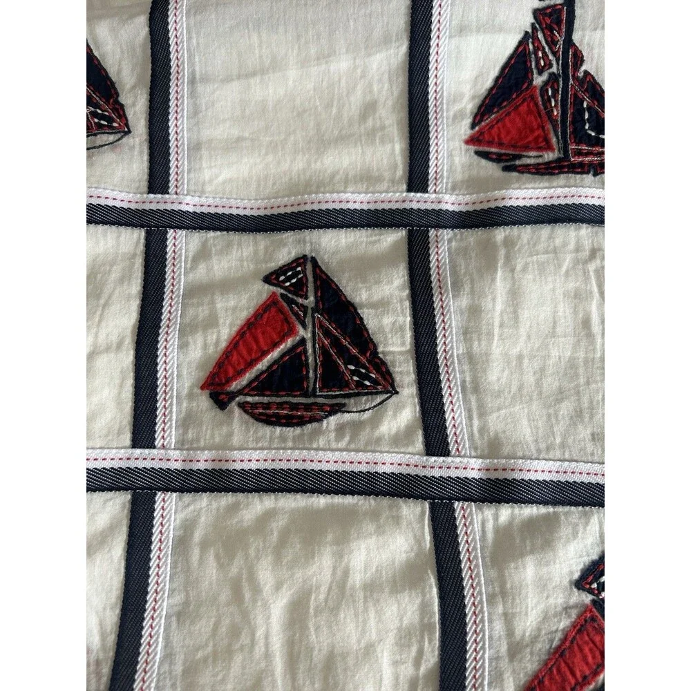 Tory Burch White Scarf with Navy Grid and Red Sailboat Motif